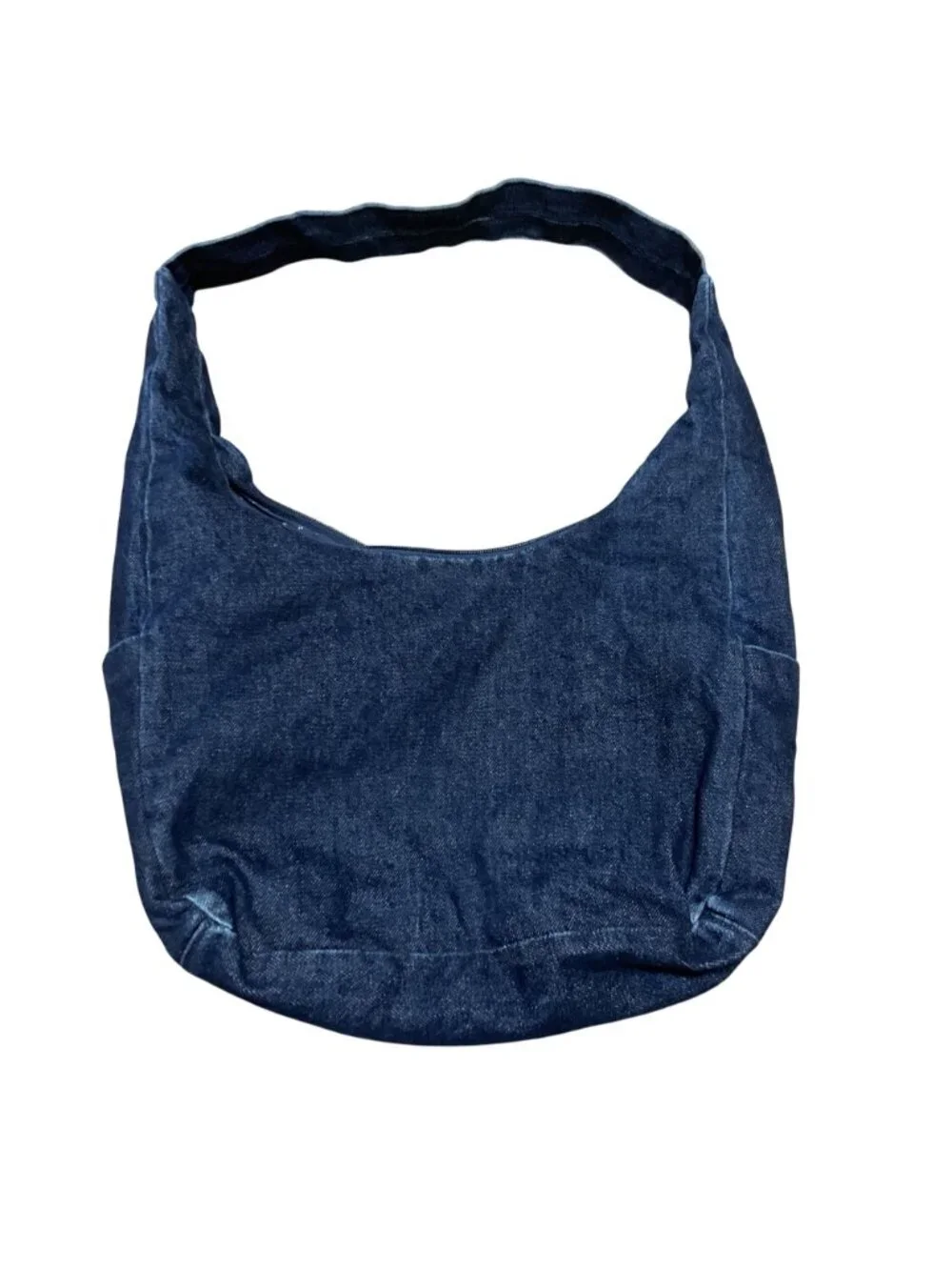 Vtg Denim Hobo Shoulder Bag With Embroidered Floral Design & Zipper Closure